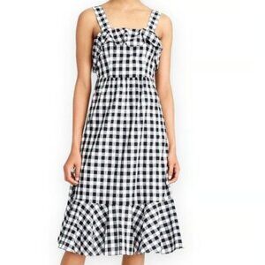J. Crew Gingham Midi Dress Women's Size 14 Black White Ruffle Milkmaid Sundress